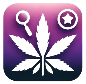 Logo of Best Marijuana Labels, featuring a stylized purple cannabis leaf with a magnifying glass and a star symbol in white, set against a gradient purple background.